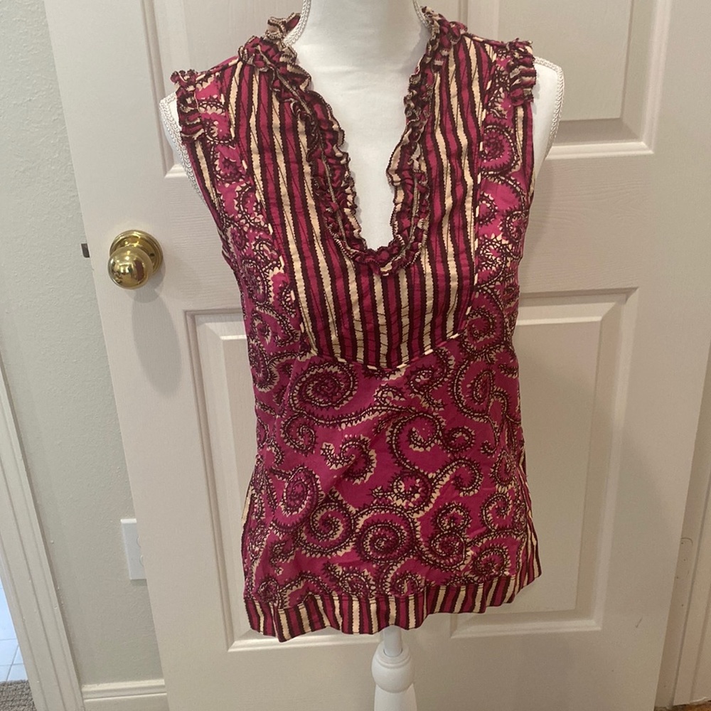 EUC TORY BURCH Fuchsia Swirled Notch Neck Sleeveless Blouse, Size 2